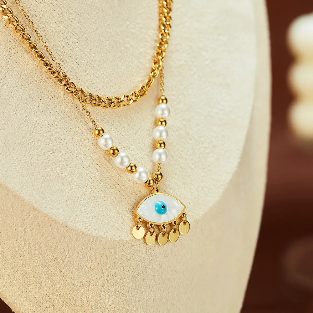 2 Layer Stacked Pearl and Tassel Evil Eye Pendant Necklace