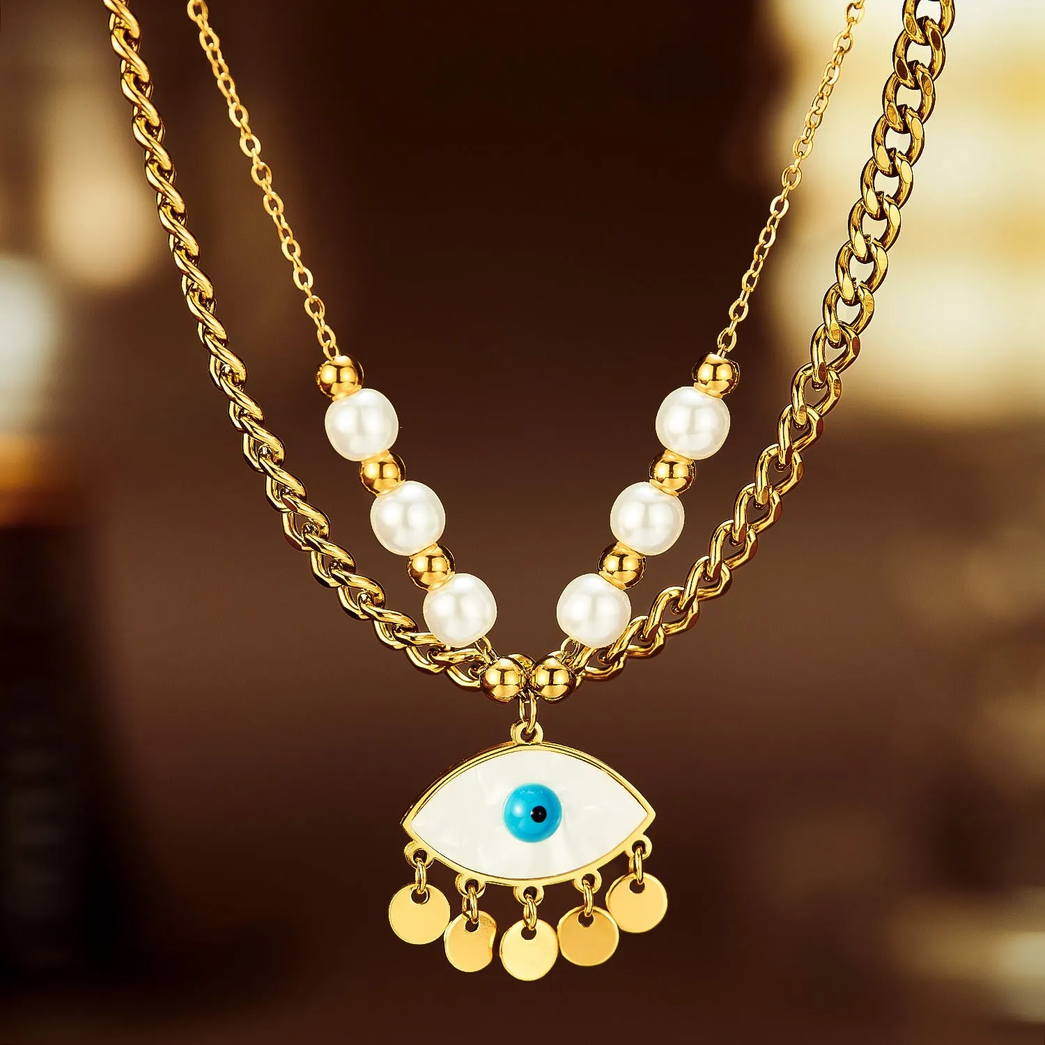 2 Layer Stacked Pearl and Tassel Evil Eye Pendant Necklace