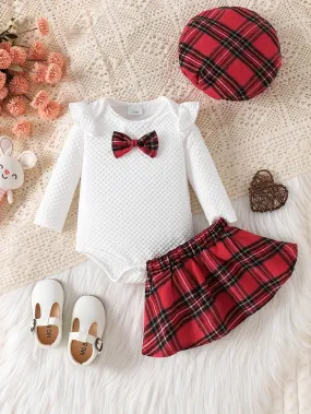 2-Pieces Baby's Preppy Style Bow Decor Ruffled Bodysuit   Hat   Plaid Pattern Skirt, Toddler & Infant Girl's Clothing Set For Fall Winter Christmas Party