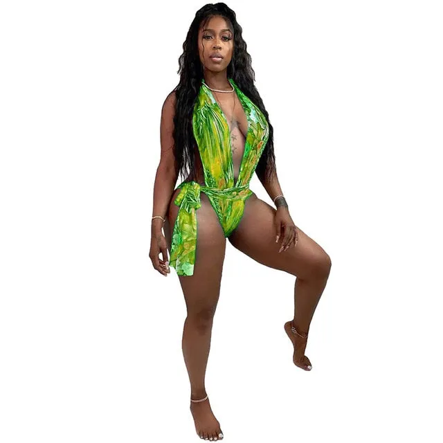 2021 HAOYUAN Women's Leaves Print Bodycon Bodysuit Sexy Swimsuit Sizes S - 2XL