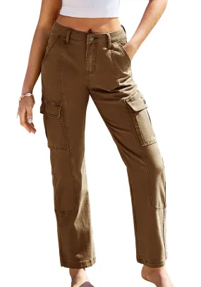 Almond Brown Women's Straight Leg Cargo Pants Casual Y2K High Waisted Styles