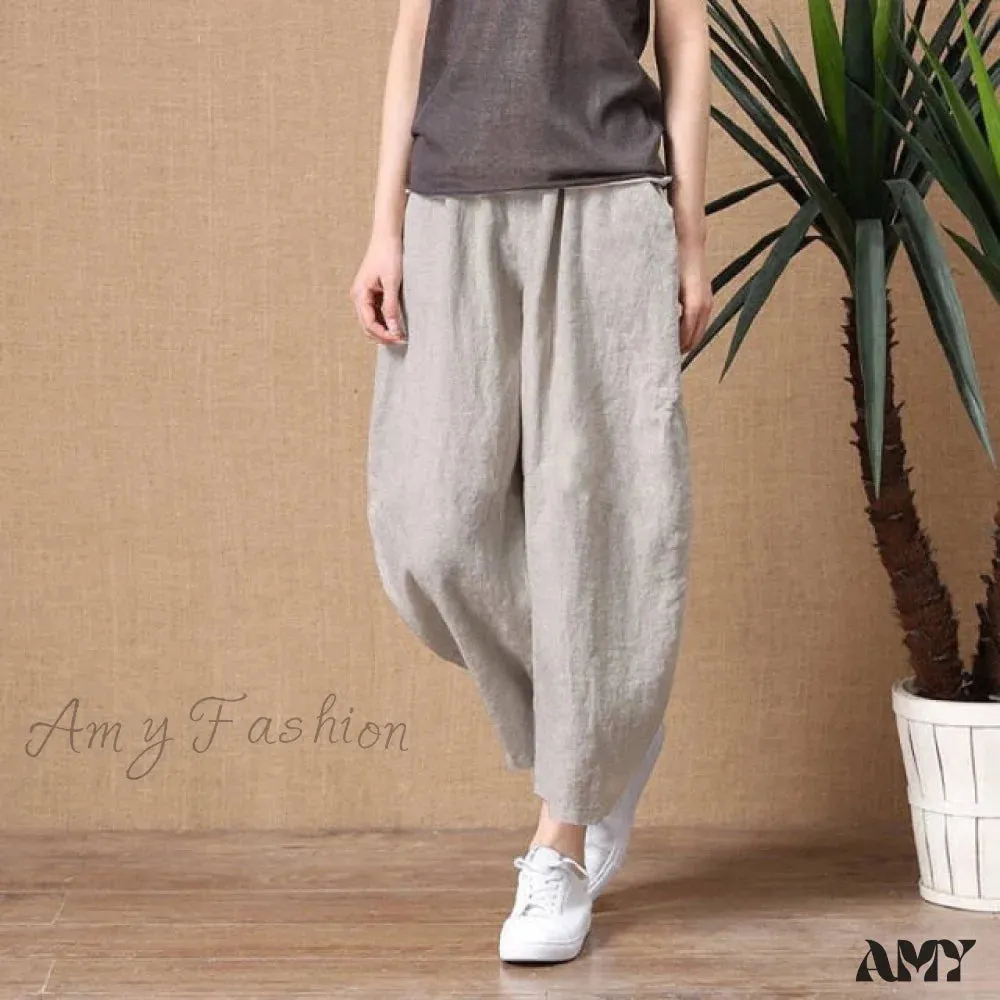 Amy Fashion - Elastic Waist Vintage Lady Loose Casual Pants