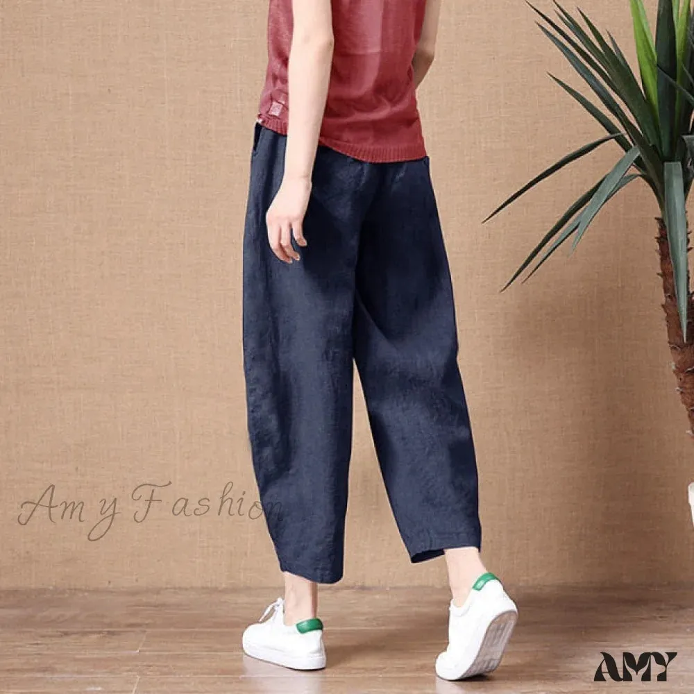 Amy Fashion - Elastic Waist Vintage Lady Loose Casual Pants