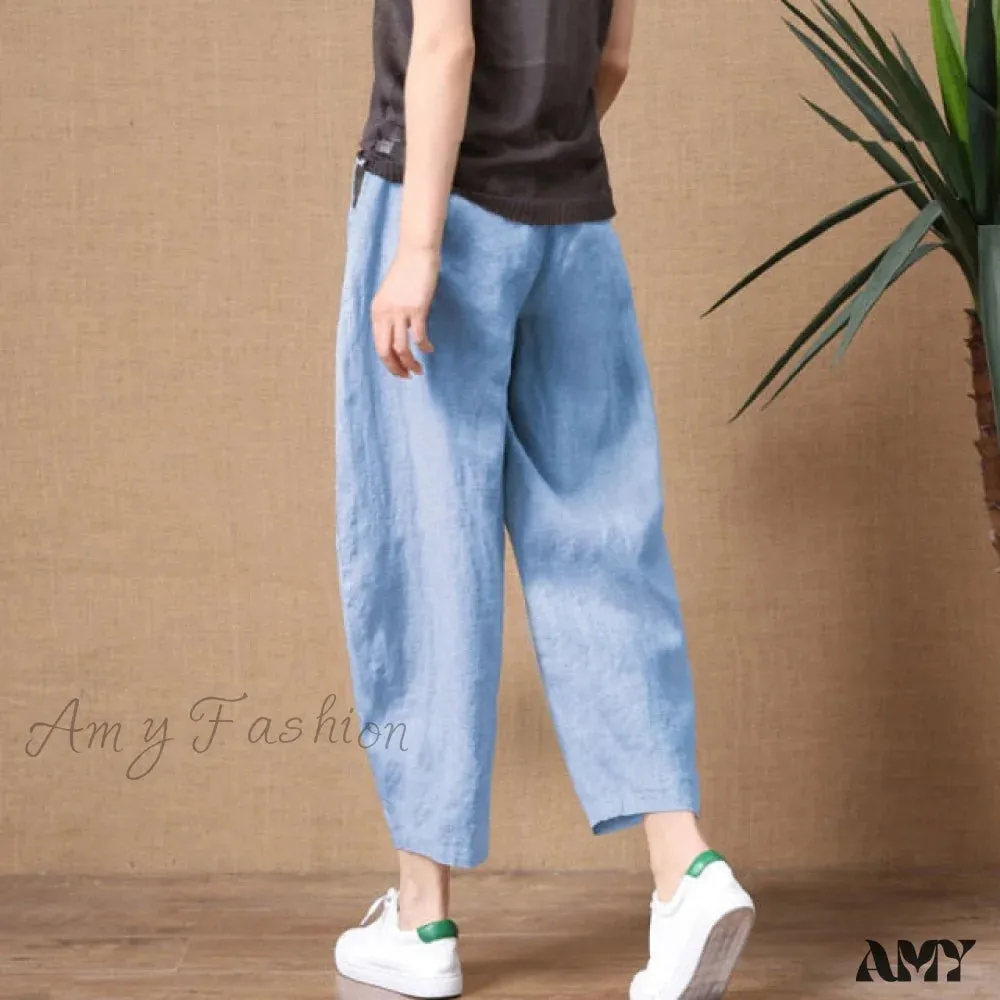 Amy Fashion - Elastic Waist Vintage Lady Loose Casual Pants