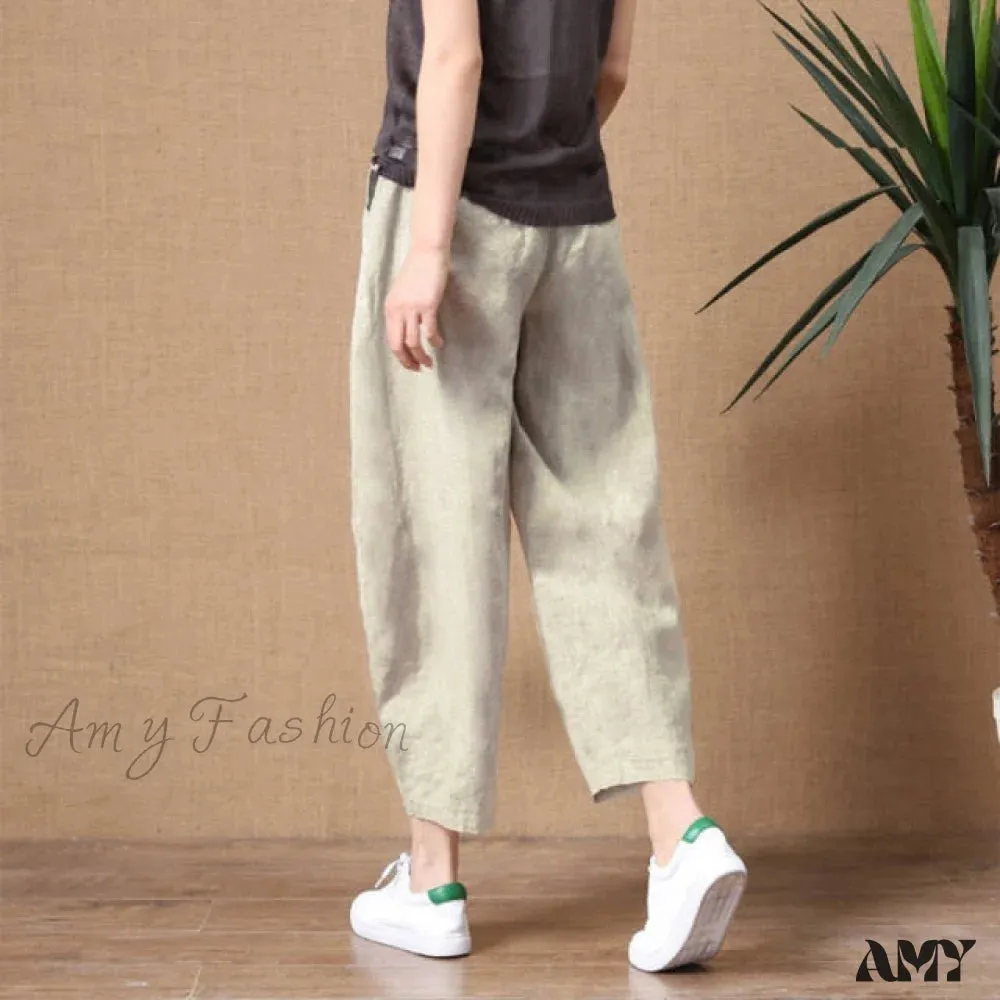 Amy Fashion - Elastic Waist Vintage Lady Loose Casual Pants