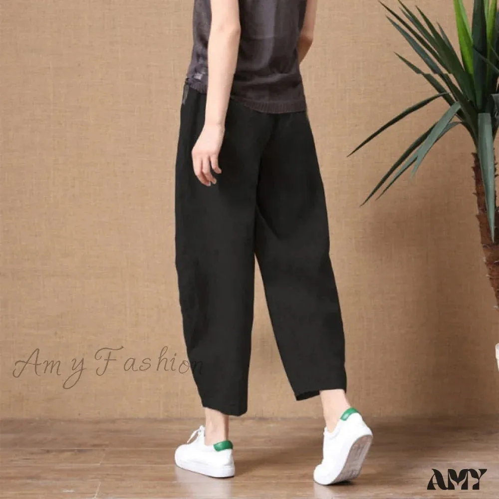 Amy Fashion - Elastic Waist Vintage Lady Loose Casual Pants