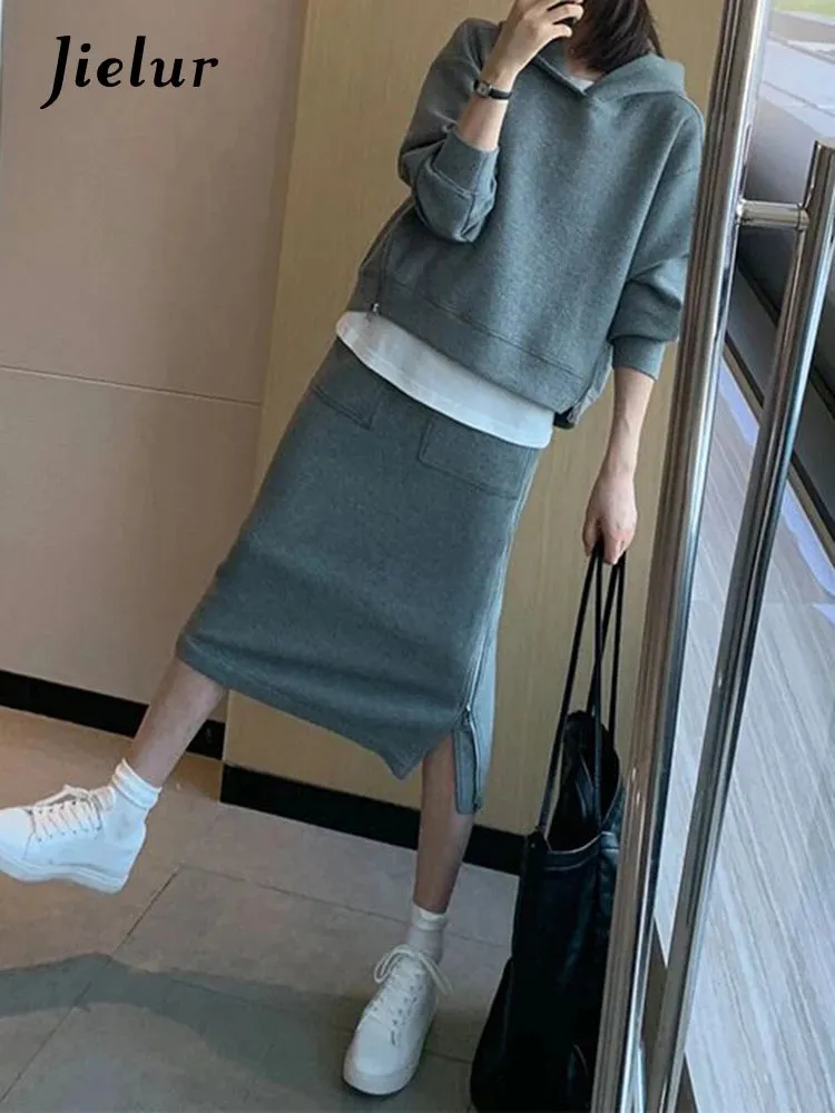 Autumn Hoodies Skirt New High Class Hong Kong Style Casual Sportswear Gray Top Skirt Two Piece Suits Chic Women Sets S-XL