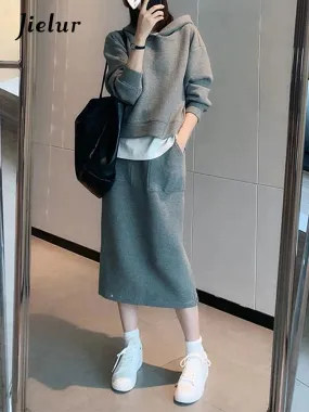 Autumn Hoodies Skirt New High Class Hong Kong Style Casual Sportswear Gray Top Skirt Two Piece Suits Chic Women Sets S-XL