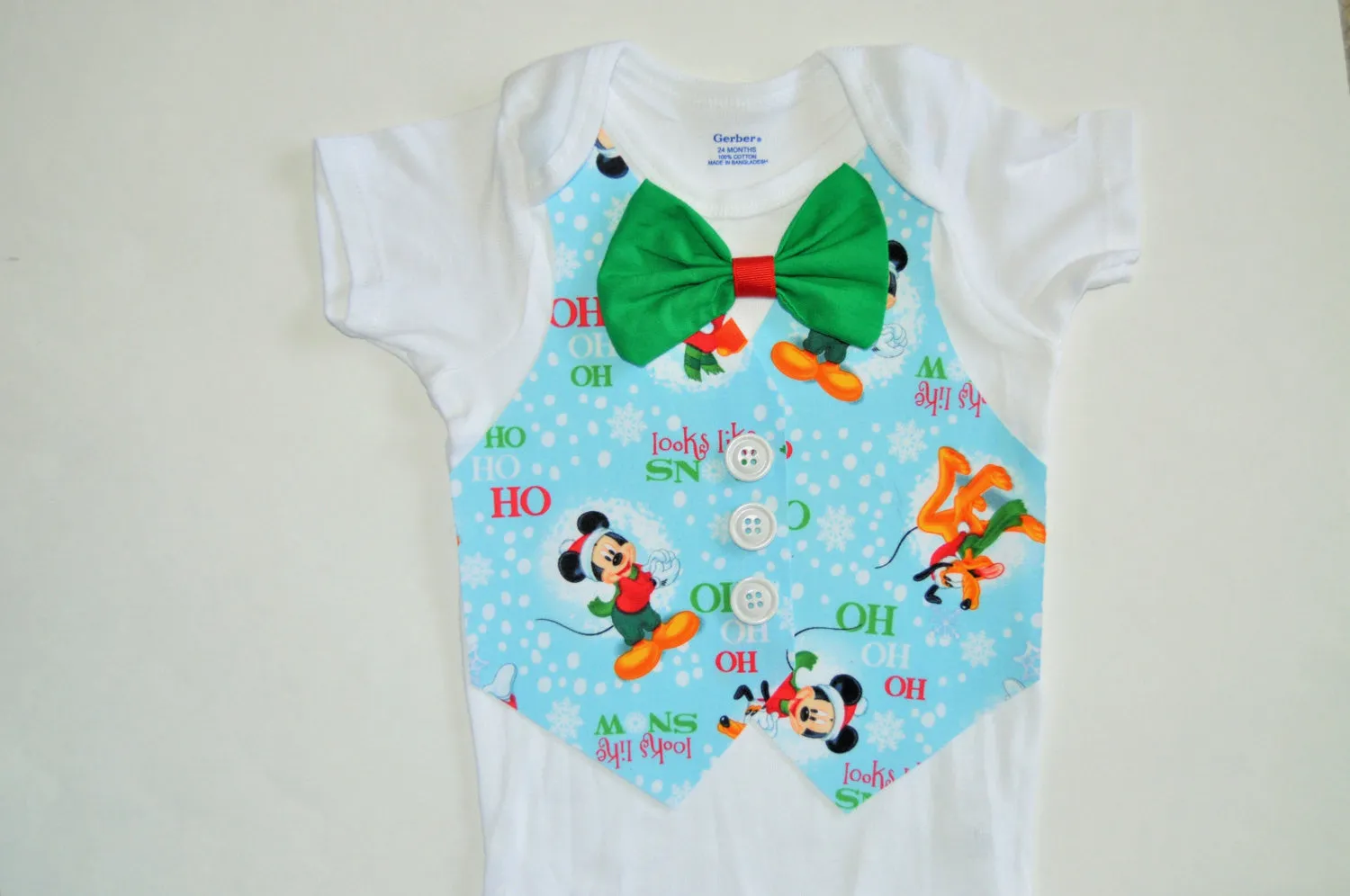 Baby Boy/Toddler christmas Mickey and friends shirt/bodysuit, Holiday cake smash, christmas outfit, christmas vest, mickey vest green bowtie