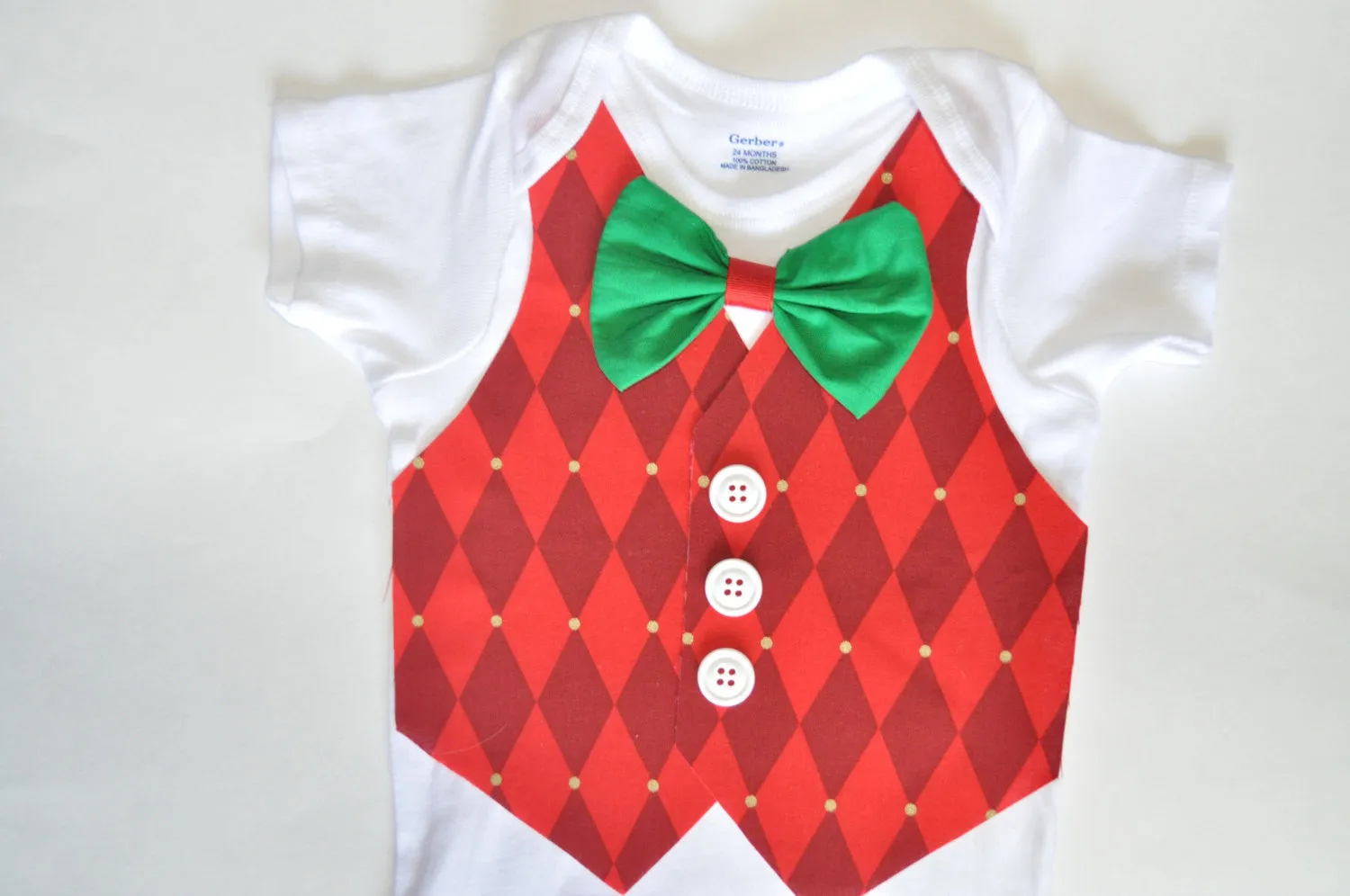 Baby Boy/Toddler christmas shirt/bodysuit, Holiday cake smash, christmas outfit, christmas vest, red harloquin vest with green bowtie