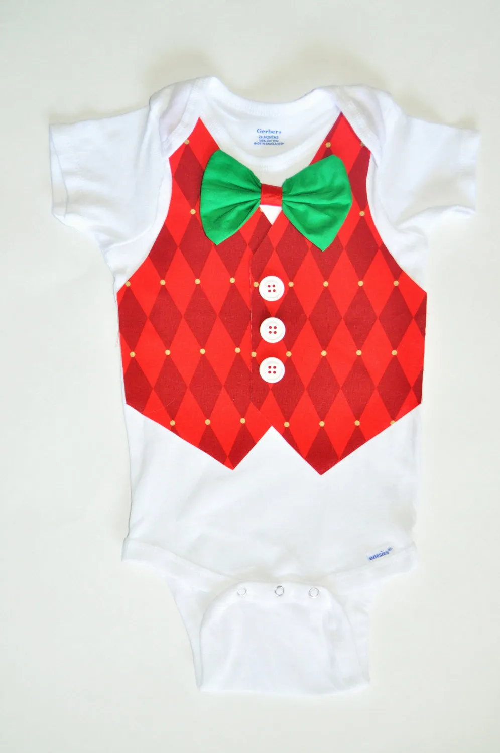 Baby Boy/Toddler christmas shirt/bodysuit, Holiday cake smash, christmas outfit, christmas vest, red harloquin vest with green bowtie