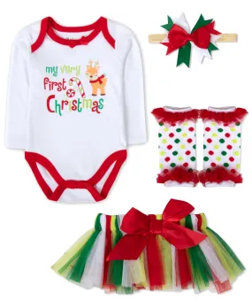 Baby Essentials Baby Girls My 1st Christmas Bodysuit, Tutu, Legwarmer and Headband, 4 Piece Set