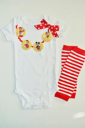 Baby girl/Toddler christmas Mickey and friends shirt/bodysuit, Holiday cake smash, christmas outfit, girl holiday, mickey necklace and beads