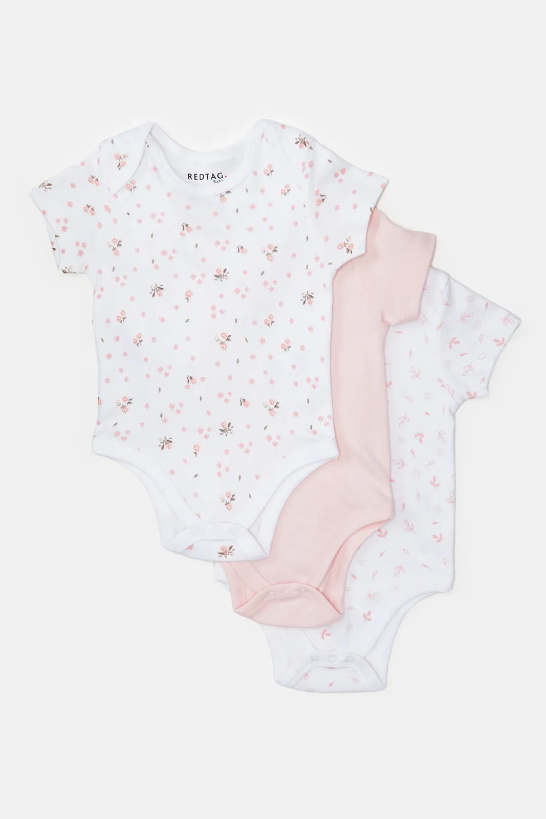 Baby White And Pink Printed Bodysuit Set (Pack Of 3)