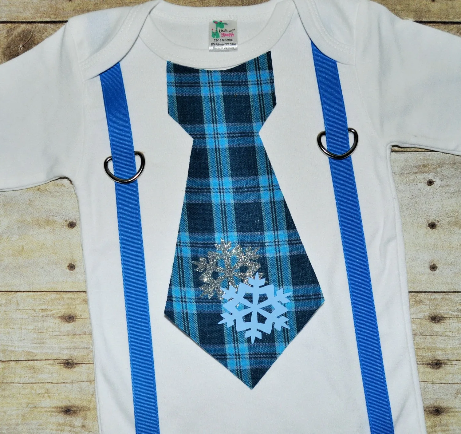 Baby/Toddler christmas bodysuit with suspenders and tie, blue gingham, plaid, snowflake tie ,christmas shirt, christmas gingham, blue winter