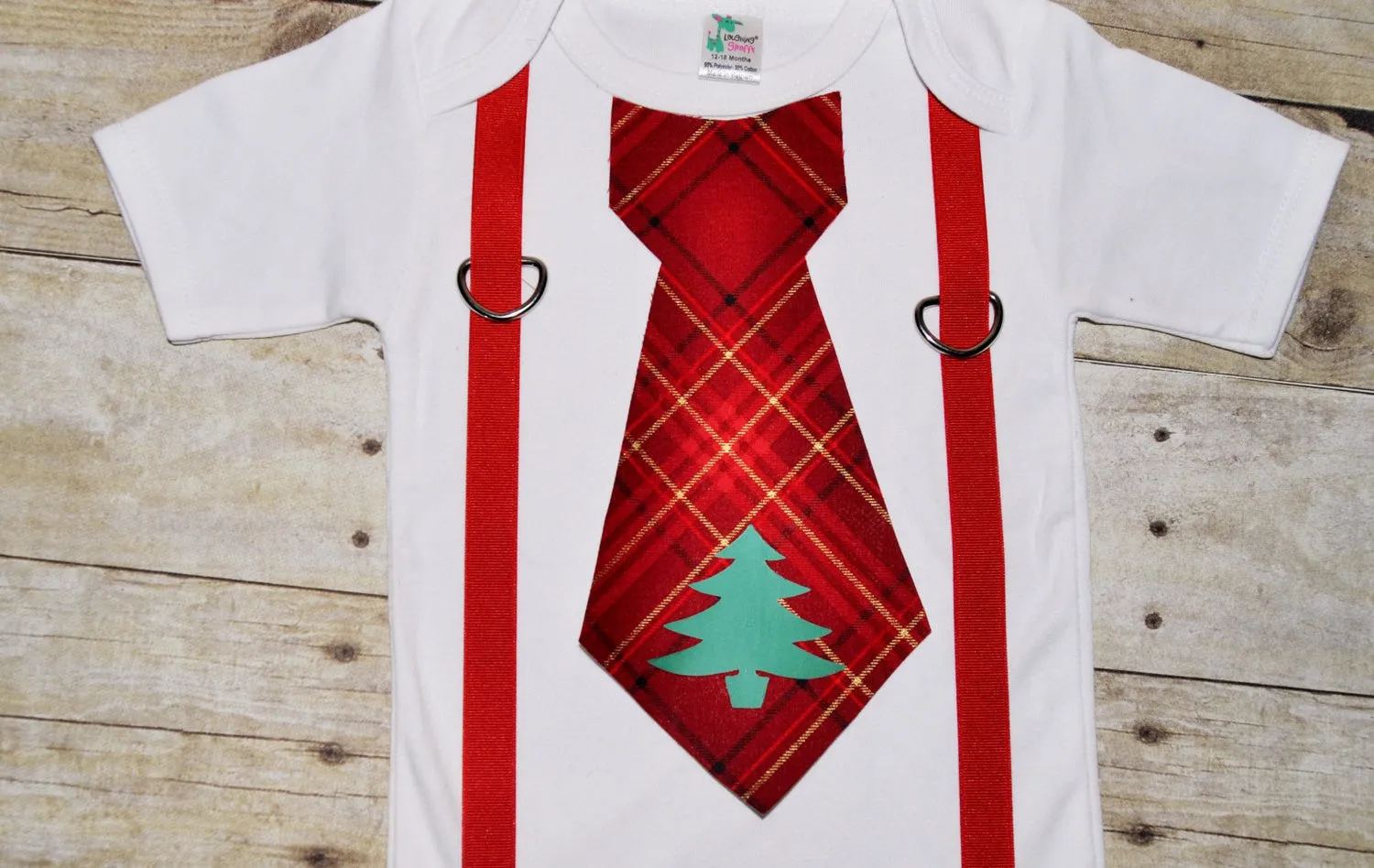 Baby/Toddler christmas bodysuit with suspenders and tie, christmas tree, Christmas bodysuit, christmas shirt, red and green