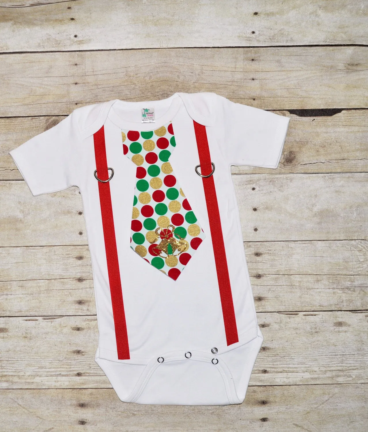 Baby/Toddler christmas bodysuit with suspenders and tie, polka dot tie, Christmas bodysuit, christmas shirt, christmas polka dots