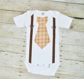 Baby/Toddler Holiday bodysuit with suspenders and tie, brown plaid tie, Christmas bodysuit, christmas shirt, brown and tan, lumberjack