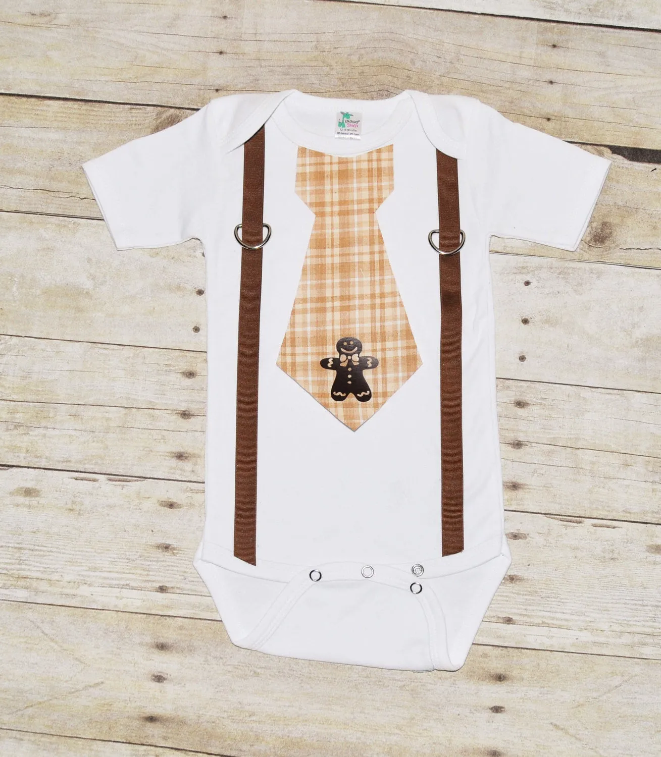 Baby/Toddler Holiday bodysuit with suspenders and tie, gingerbread man tie, Christmas bodysuit, christmas shirt, brown and tan