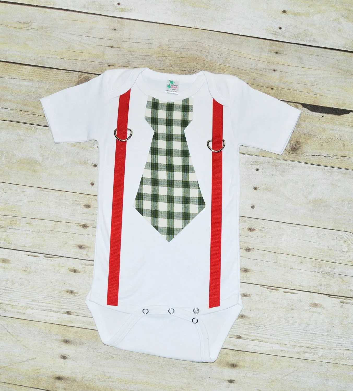 Baby/Toddler Holiday bodysuit with suspenders and tie, green plaid tie, Christmas bodysuit, christmas shirt, red and green, lumberjack