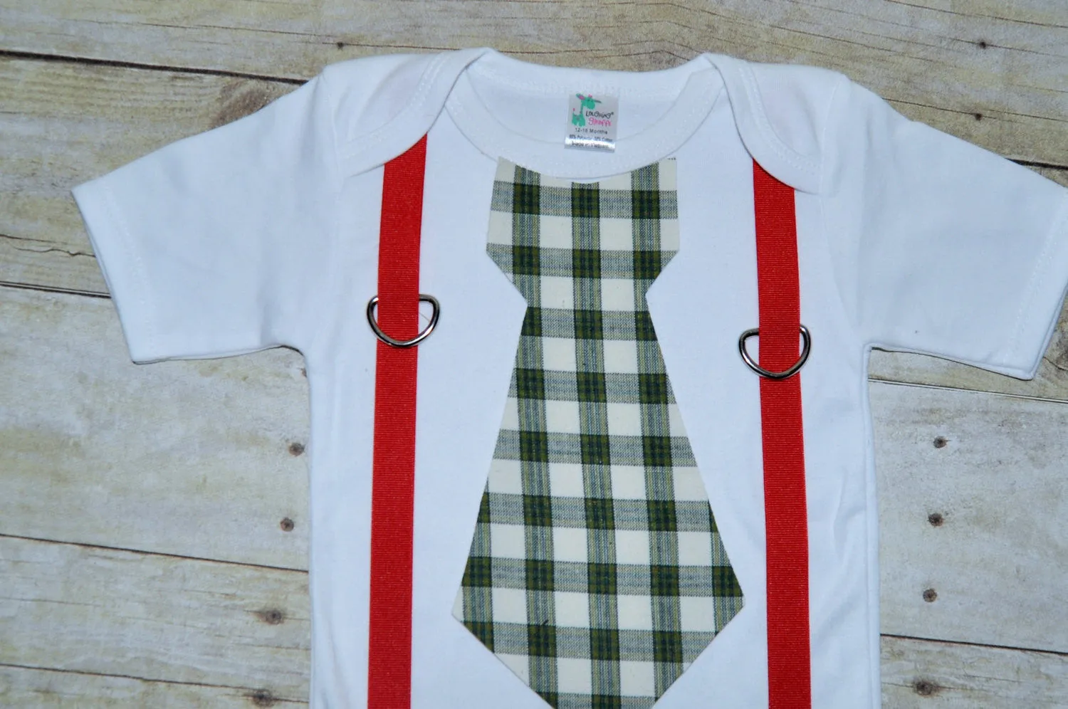 Baby/Toddler Holiday bodysuit with suspenders and tie, green plaid tie, Christmas bodysuit, christmas shirt, red and green, lumberjack