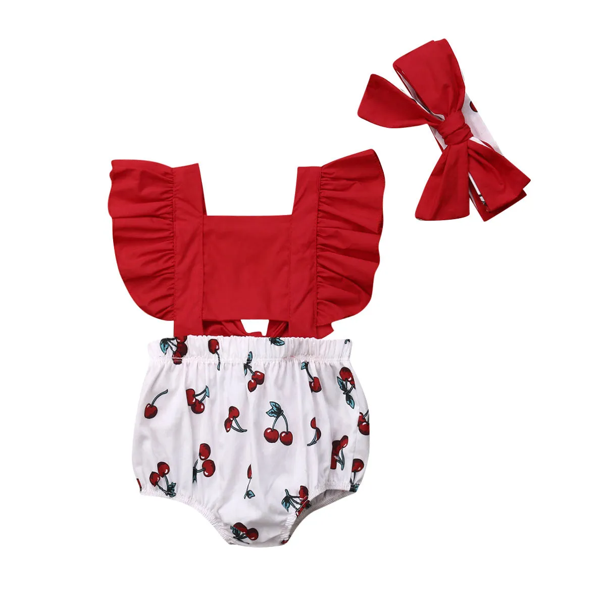 backless cherry print square collar sleeveless Ruffle Bodysuit Bow Headband 2pc Toddler Outfit