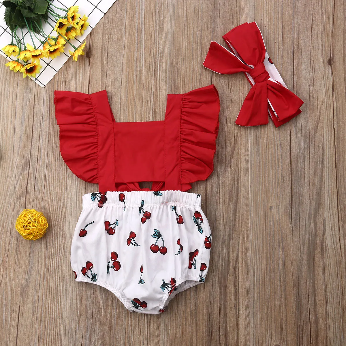 backless cherry print square collar sleeveless Ruffle Bodysuit Bow Headband 2pc Toddler Outfit