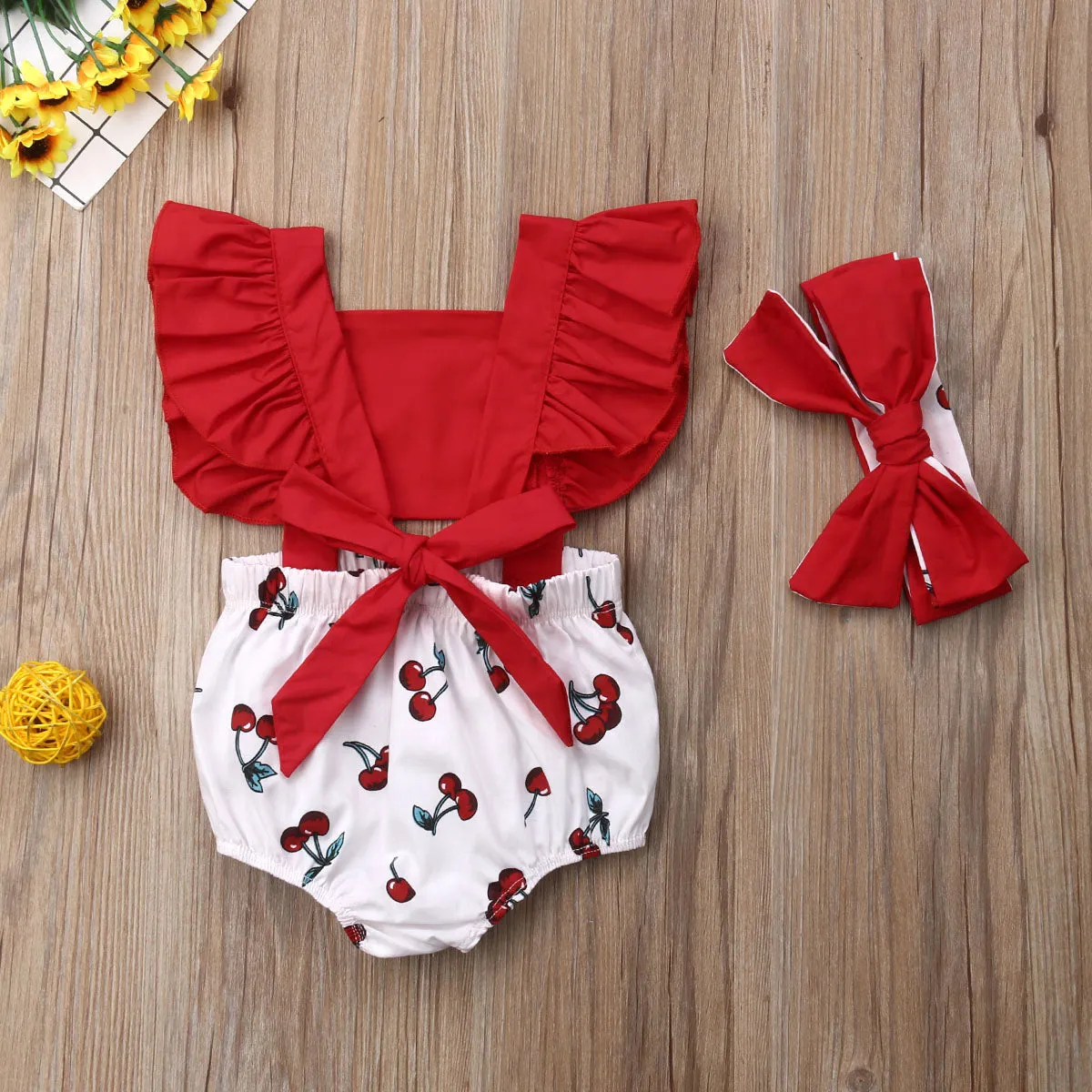 backless cherry print square collar sleeveless Ruffle Bodysuit Bow Headband 2pc Toddler Outfit