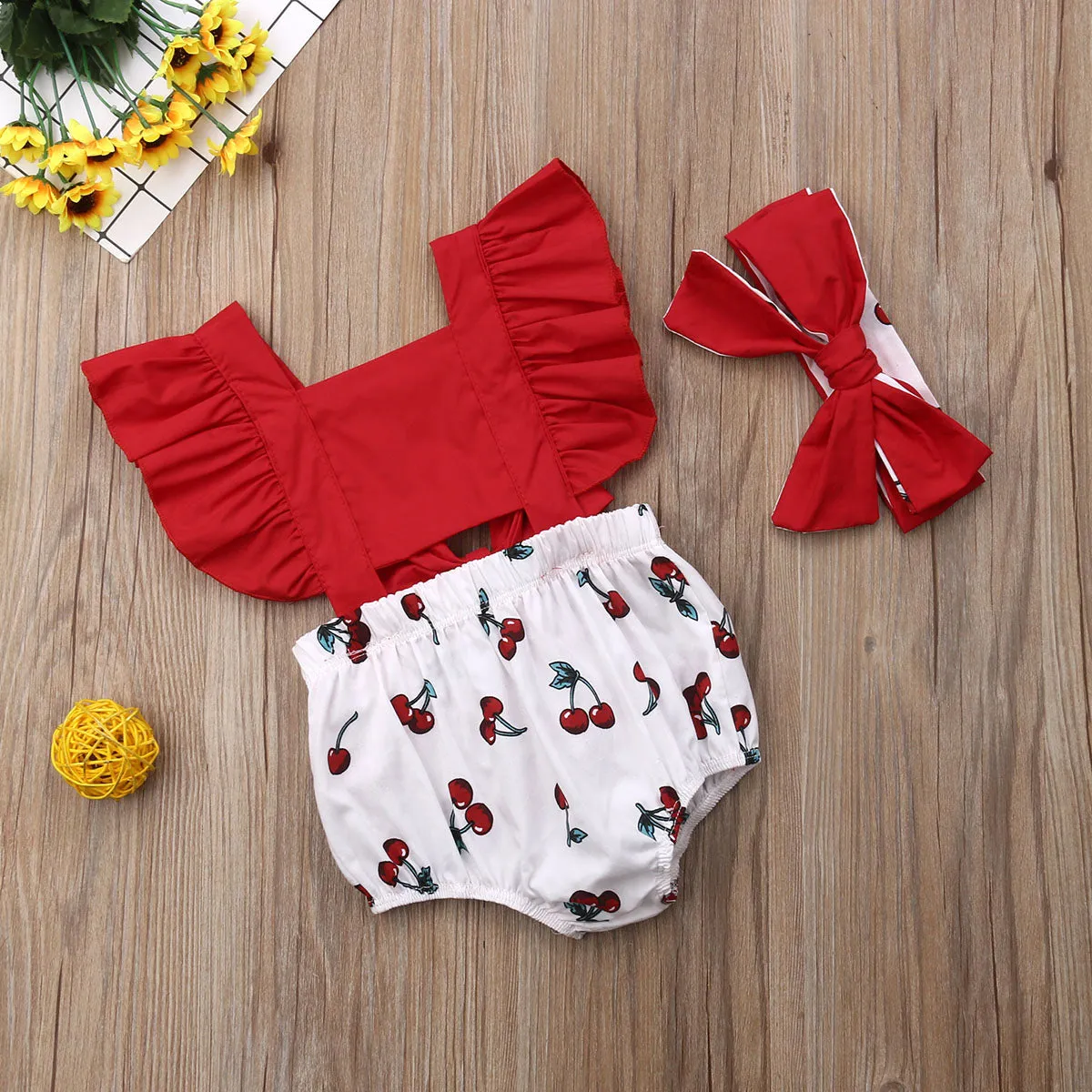 backless cherry print square collar sleeveless Ruffle Bodysuit Bow Headband 2pc Toddler Outfit