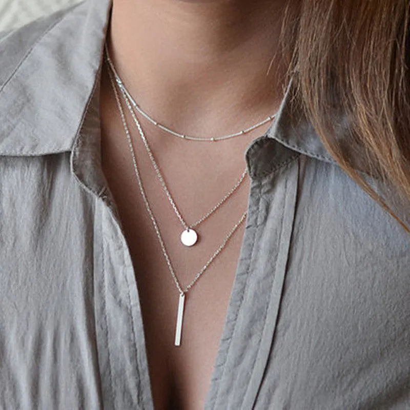 Bar Coin Multi-Layer Charm Chain Clavicle Necklace