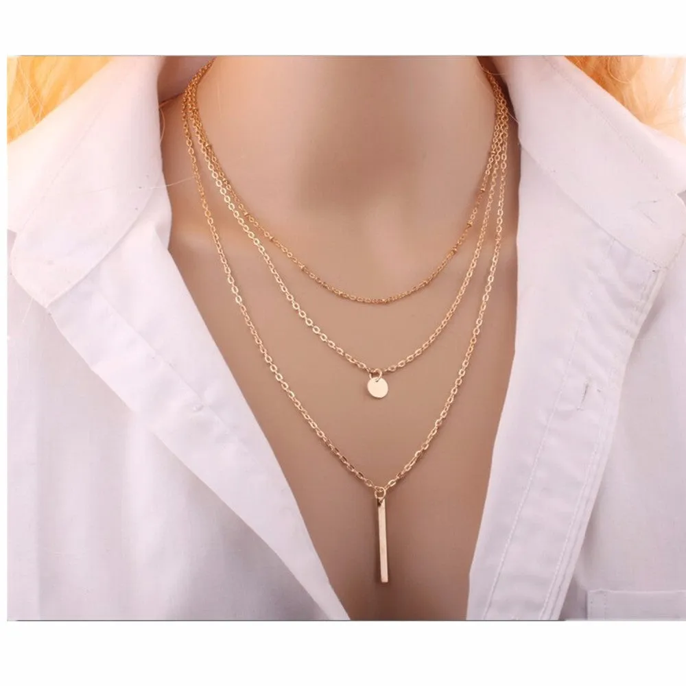 Bar Coin Multi-Layer Charm Chain Clavicle Necklace