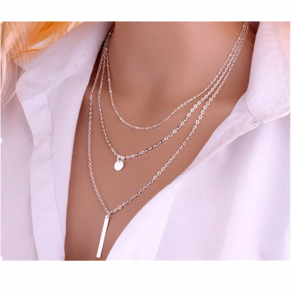 Bar Coin Multi-Layer Charm Chain Clavicle Necklace