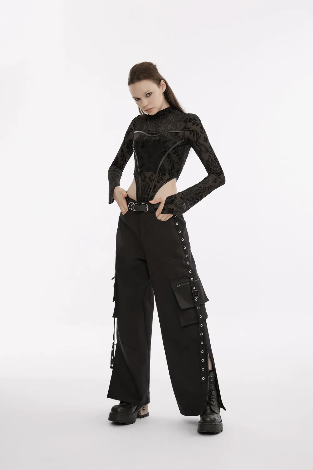 Baroque Flocked Gauze Bodysuit with Gothic Sleeves