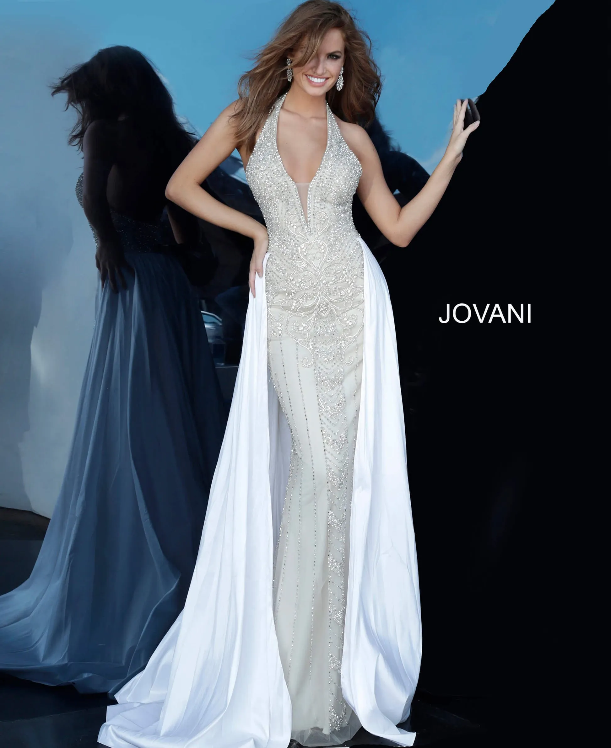 Beaded Halter Overskirt Gown by Jovani 3698