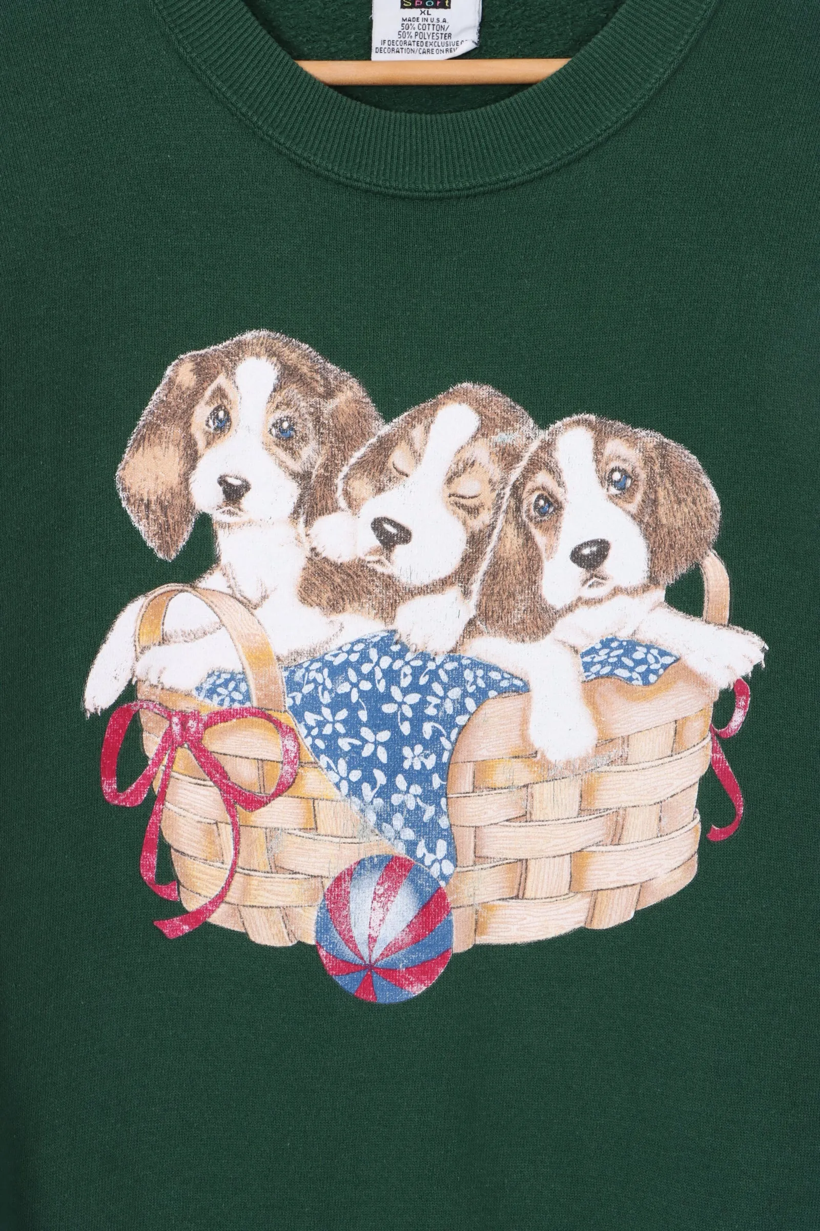 Beagle Puppies in Basket Green Sweatshirt USA Made (L-XL)