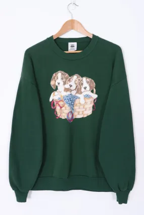 Beagle Puppies in Basket Green Sweatshirt USA Made (L-XL)