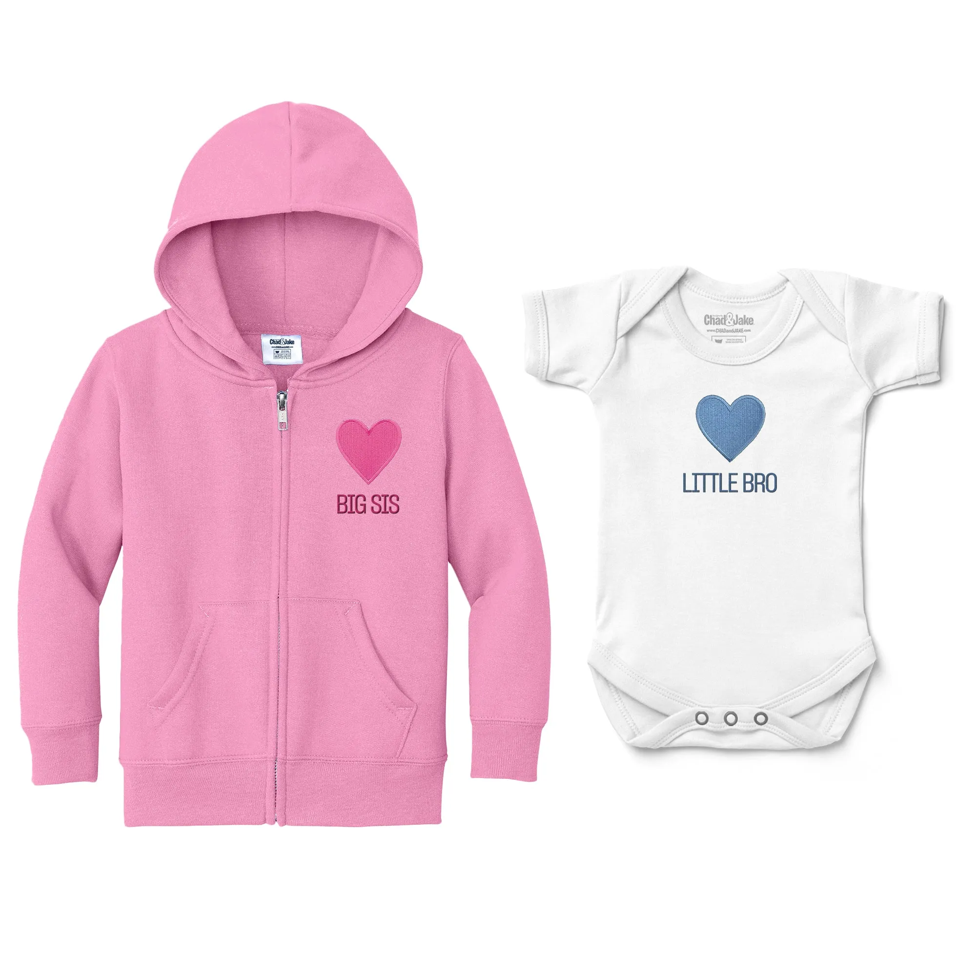 Big Sis Little Bro Pink & Blue Heart Emoji - Full Zip Sweatshirt & Bodysuit Set