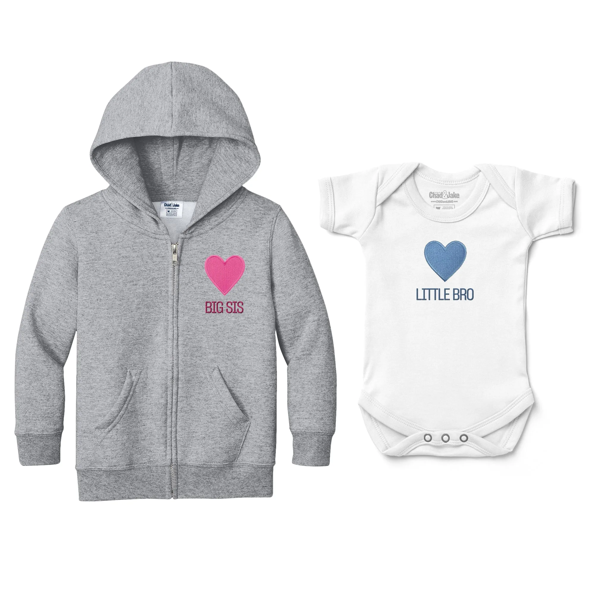 Big Sis Little Bro Pink & Blue Heart Emoji - Full Zip Sweatshirt & Bodysuit Set