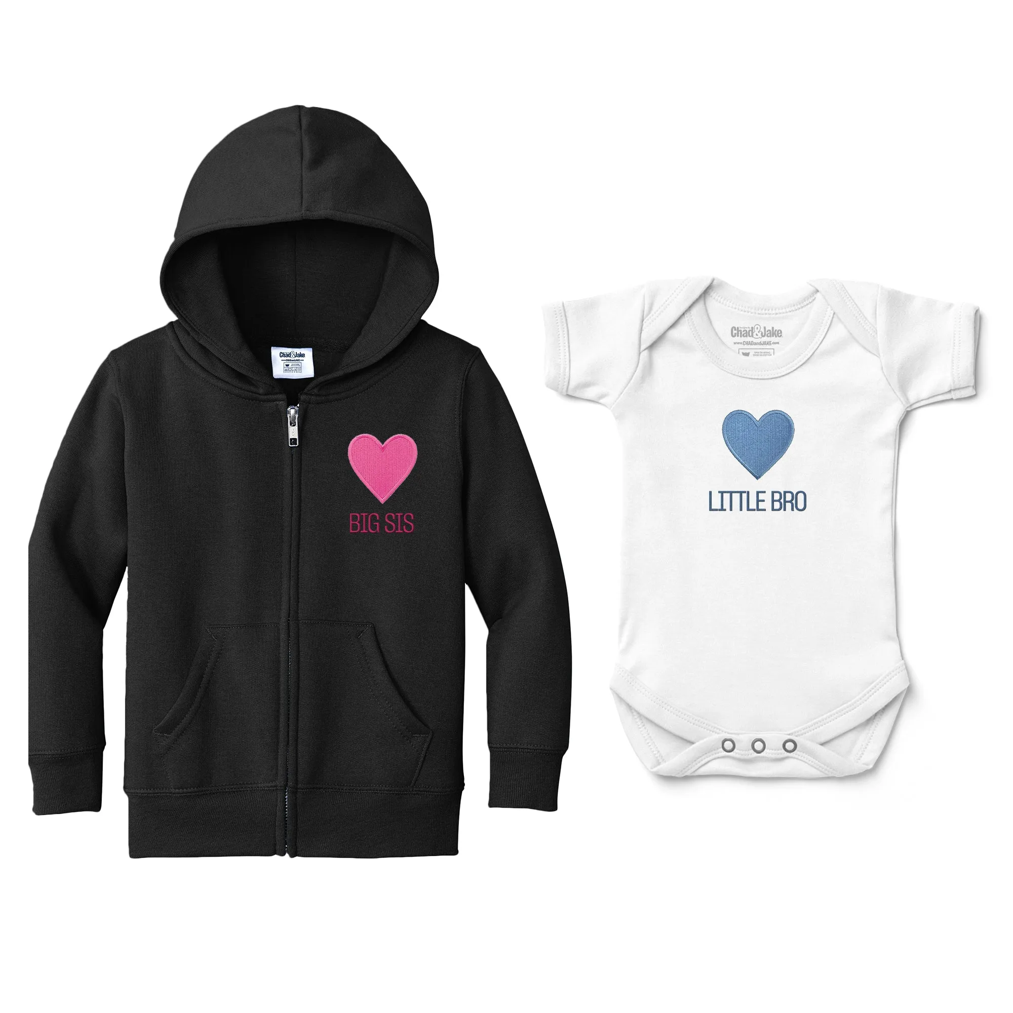 Big Sis Little Bro Pink & Blue Heart Emoji - Full Zip Sweatshirt & Bodysuit Set