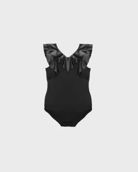 Black Faux Leather Ruffle Bodysuit