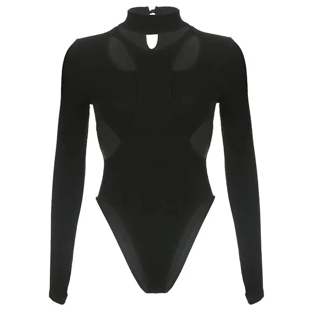 Black Hollow Out Long Sleeve Patchwork Bodysuit