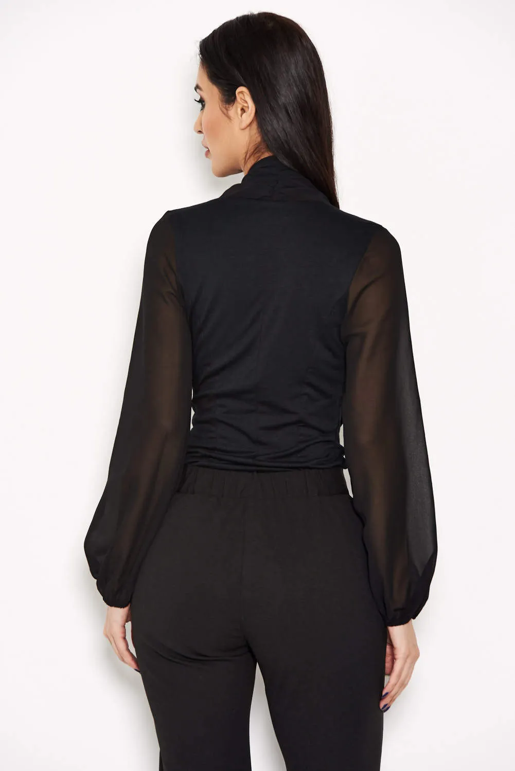 Black Mesh Detail Sleeved Bodysuit