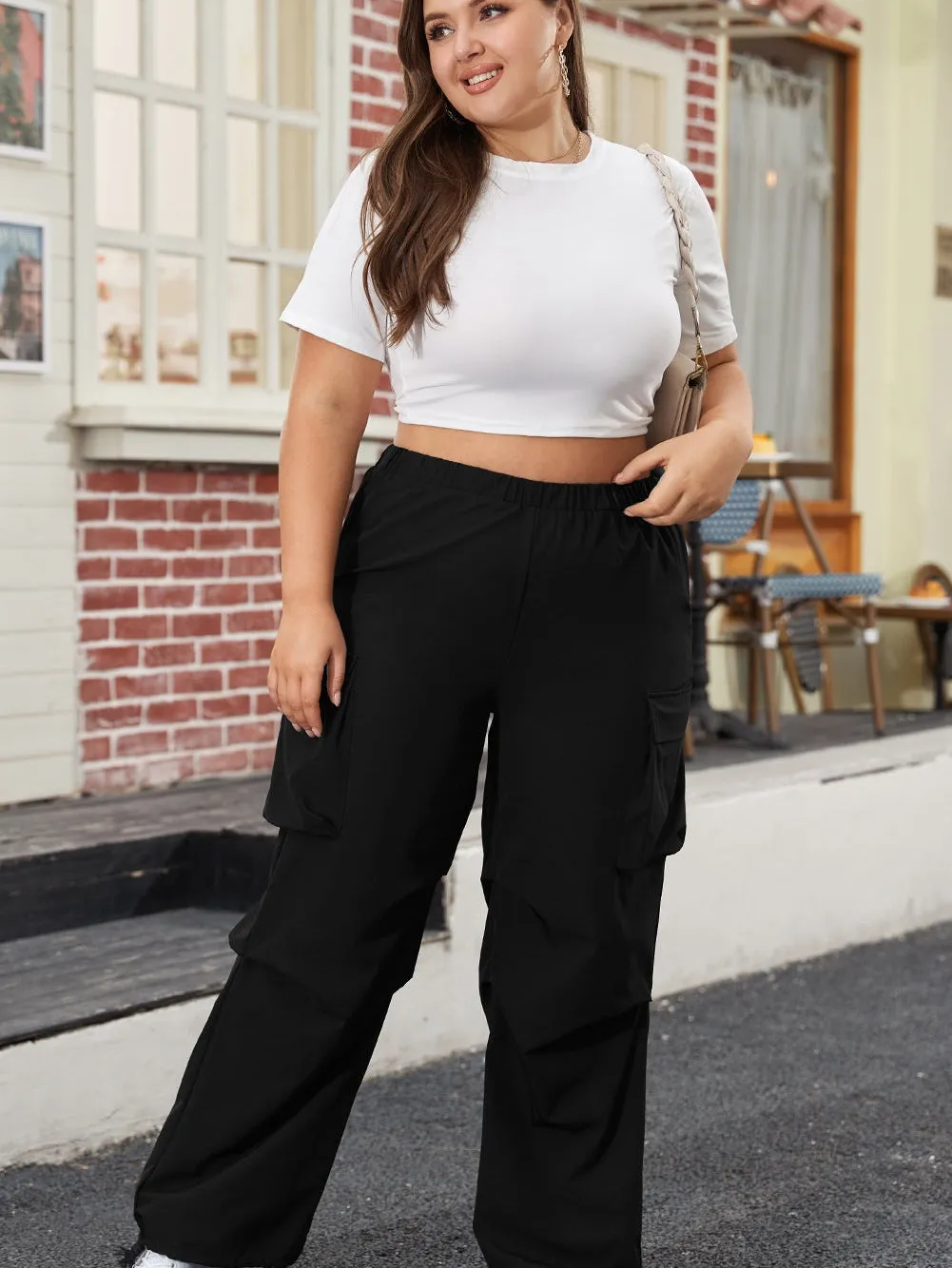 Black Plus Size Flap Pocket Elastic Waist Cargo Pants