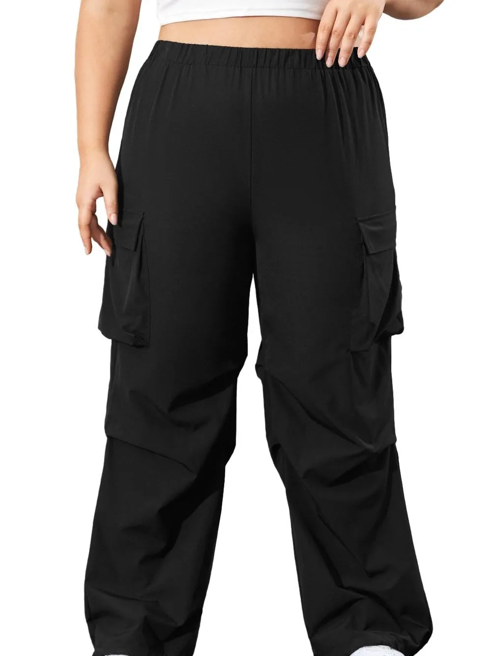 Black Plus Size Flap Pocket Elastic Waist Cargo Pants