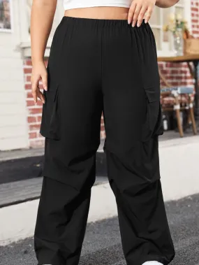 Black Plus Size Flap Pocket Elastic Waist Cargo Pants