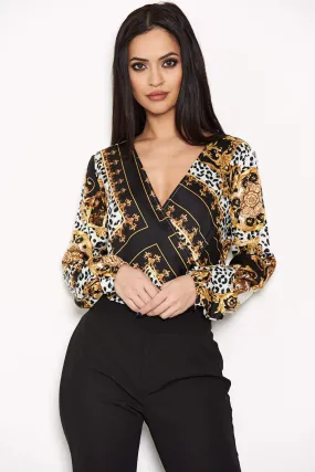 Black Printed Wrap Bodysuit