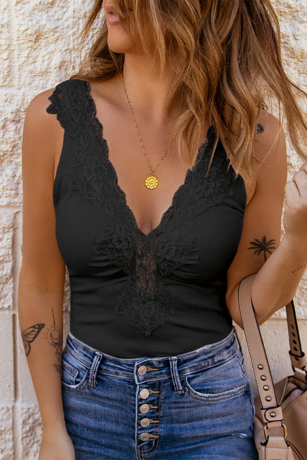 Black Sheer Lace Knit V Neck Sleeveless Bodysuit