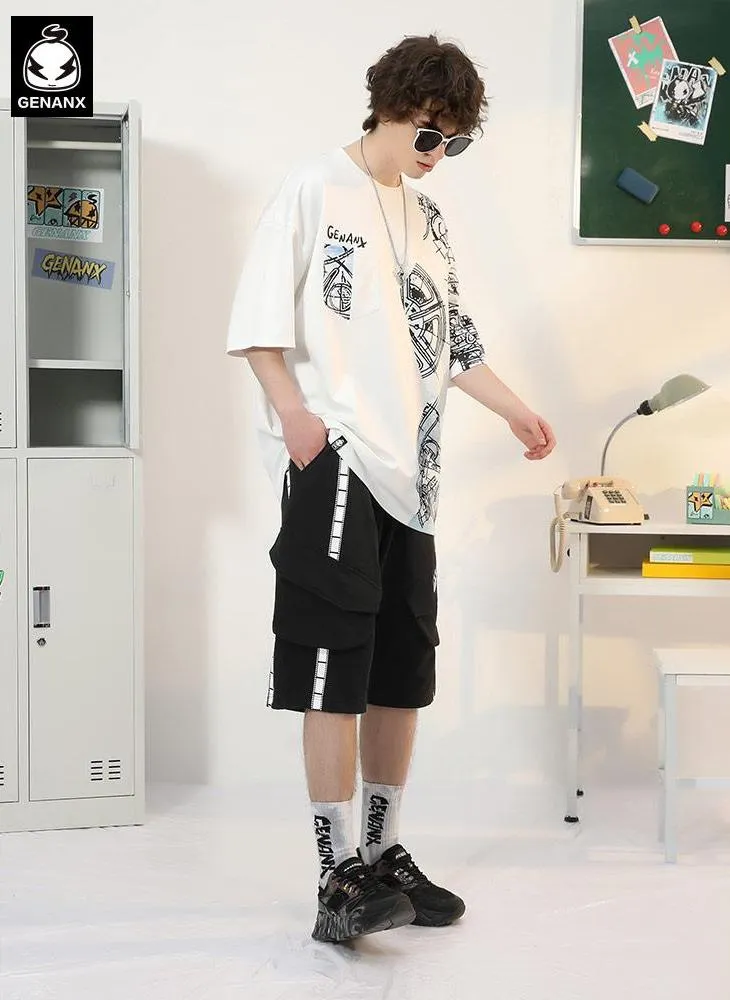 Black Street Style Letter Print Cotton Baggy Shorts