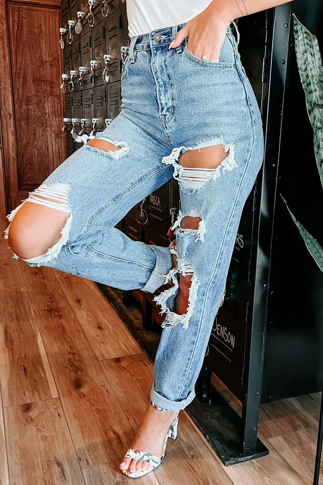 Blue High Waist Ripped Straight Leg Denim Jeans