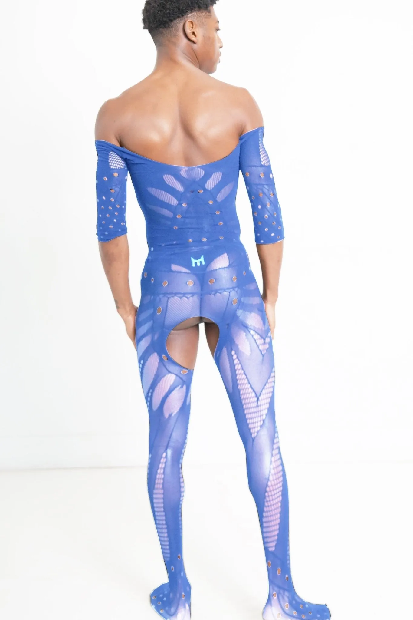 Blue Hollow Mesh Sleeve Bodysuit